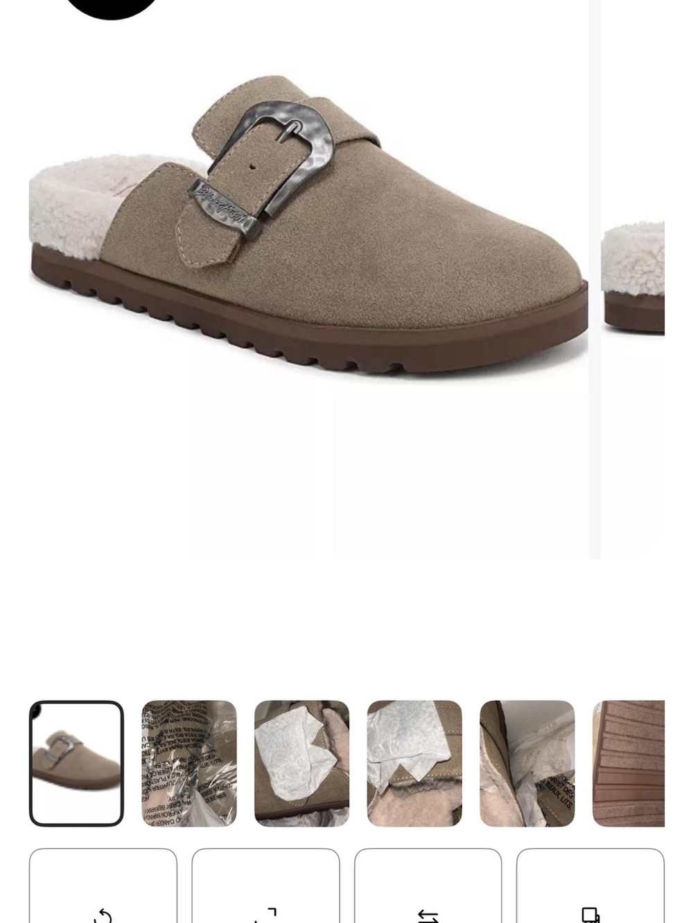 Suede Fur-Lined Slip-On Mule in Taupe with Buckle